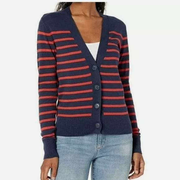 J. Crew Sweaters - J Crew Red Blue Stripe Cardigan Cropped